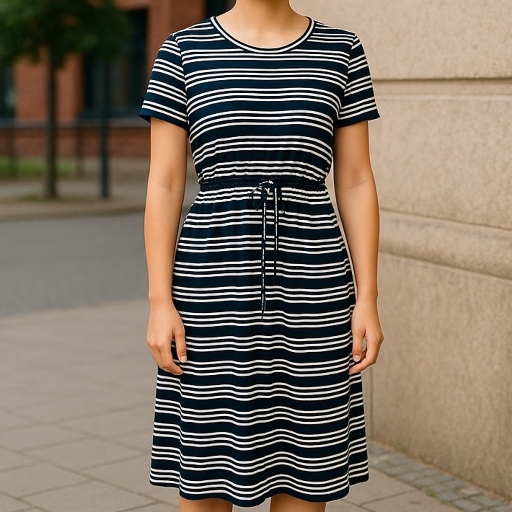Olive & Oak T-Shirt Dress Short Sleeve Navy Stripes Waist Size L